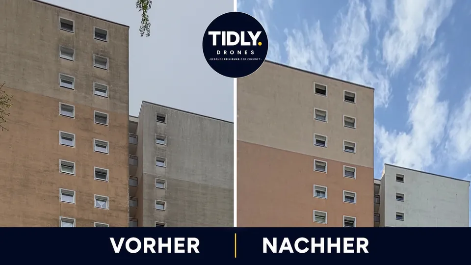 Vorher-Nachher-Vergleich an einem Wohnhochhaus: links grau verschmutzte Fassade, rechts gereinigt
