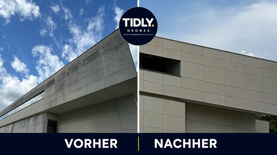 Moderne Fassade aus Betonplatten vor und nach der Reinigung