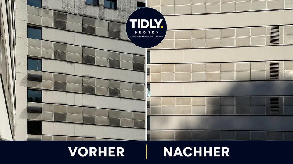 Fassade mit Plattenbändern vor und nach der Reinigung