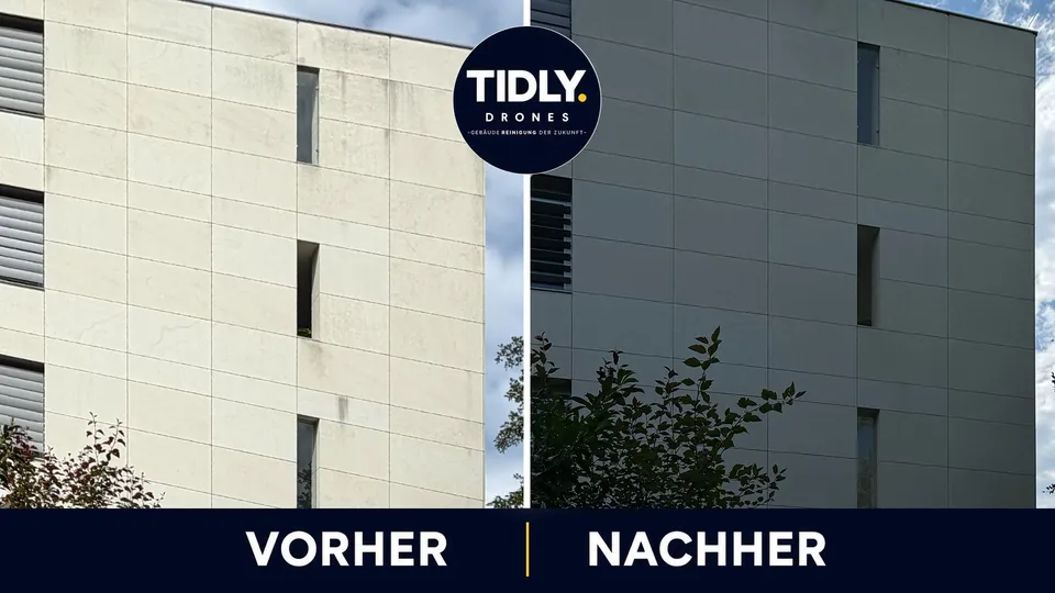 Helle Plattenfassade vor und nach der Reinigung
