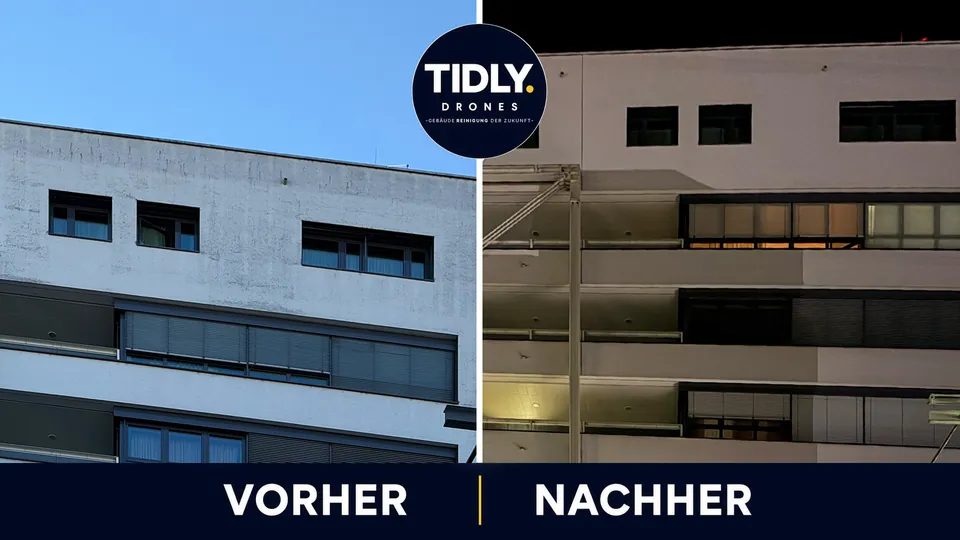 Wohngebäude mit Balkonen vor und nach der Reinigung